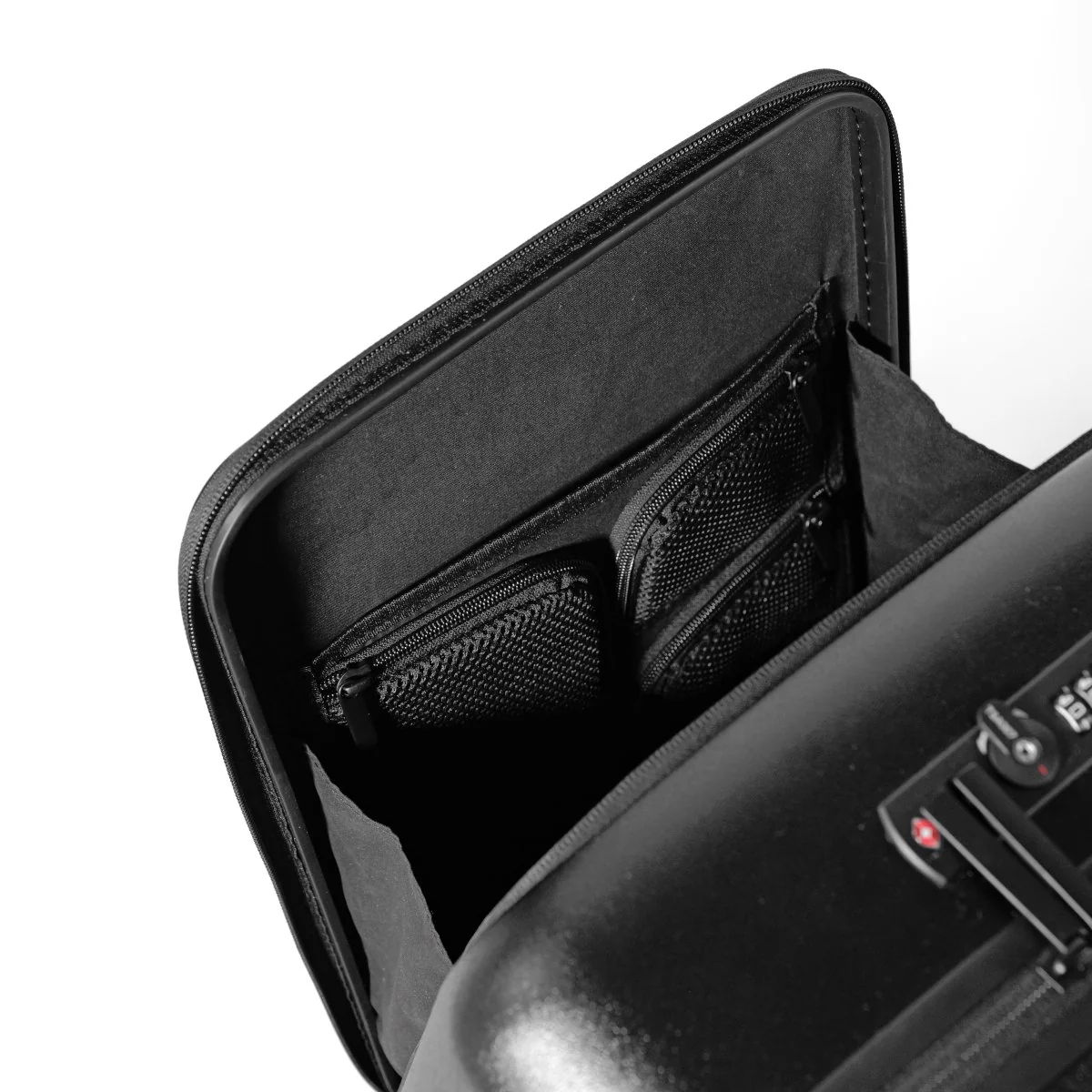 Black bag interior with pockets and compartments visible.