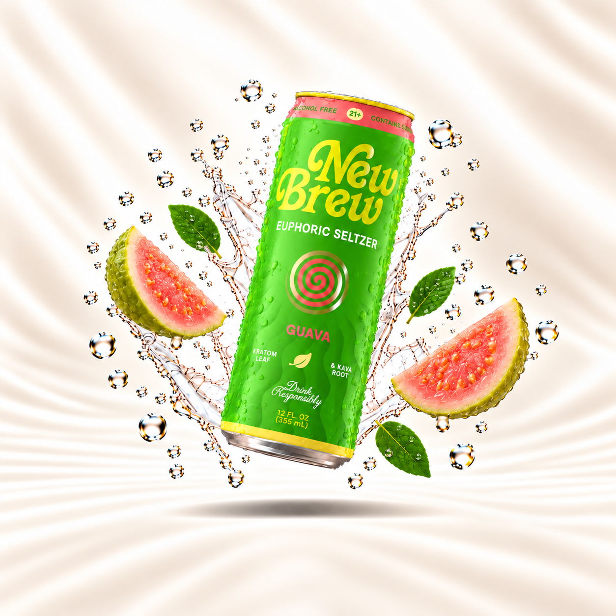 Green can of New Brew sparkling water with watermelon slices and bubbles.