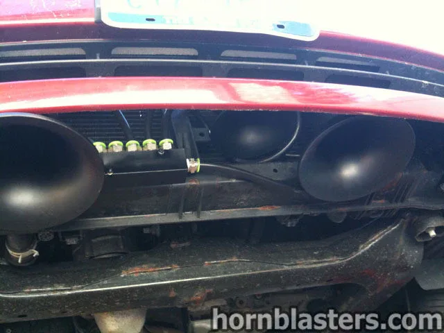 Wide Nathan AirChime K3 locomotive horn bells bracket and onboard-air routing on Frank's Nissan Maxima photo 6