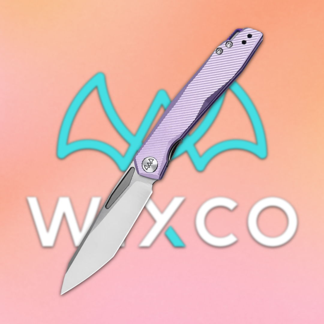 A purple folding knife on a gradient background with a logo.