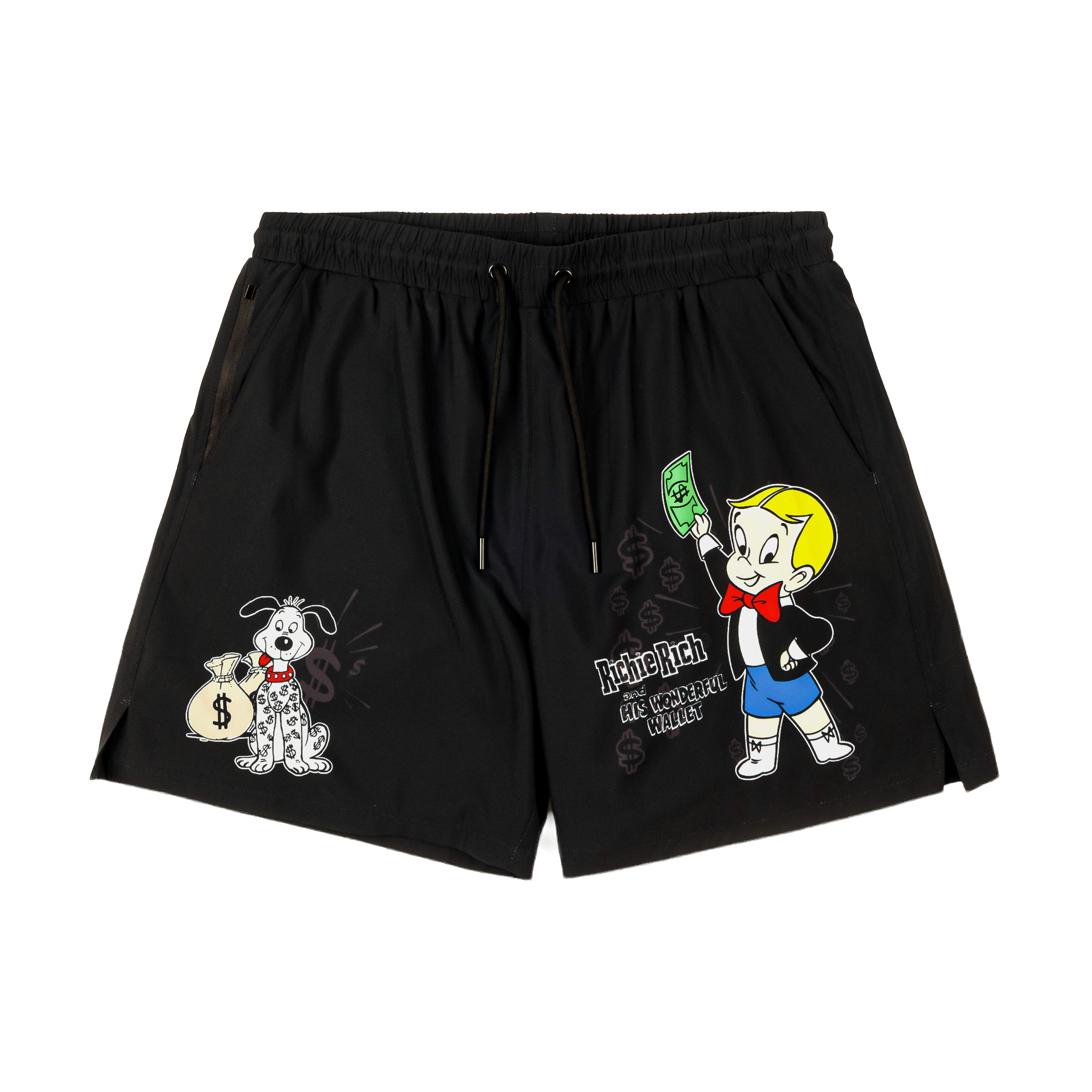 Black shorts with cartoon characters and money graphics.