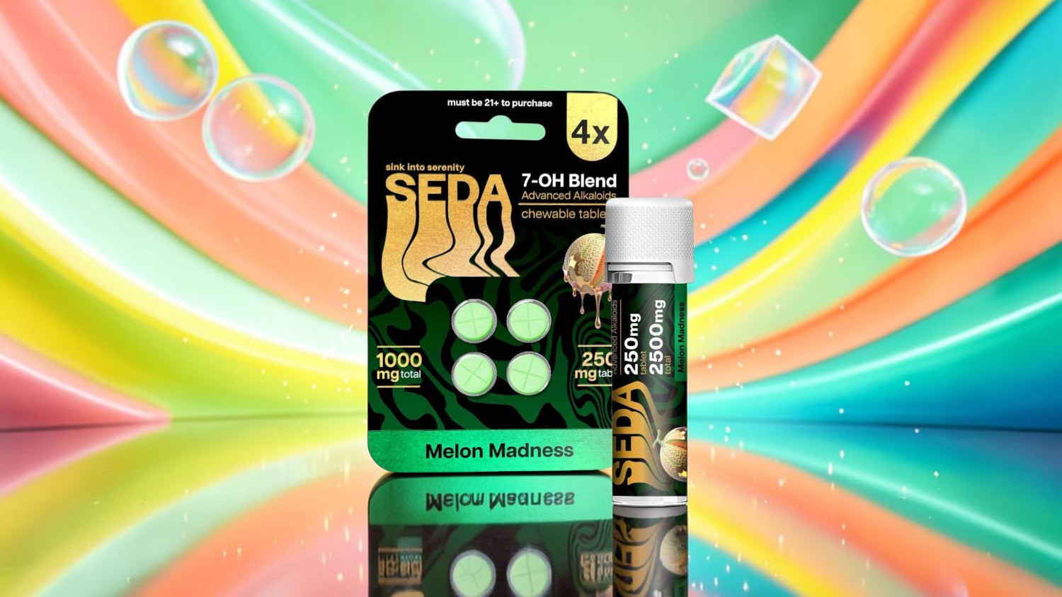 Seda hair product packaging with colorful background and bubble designs.