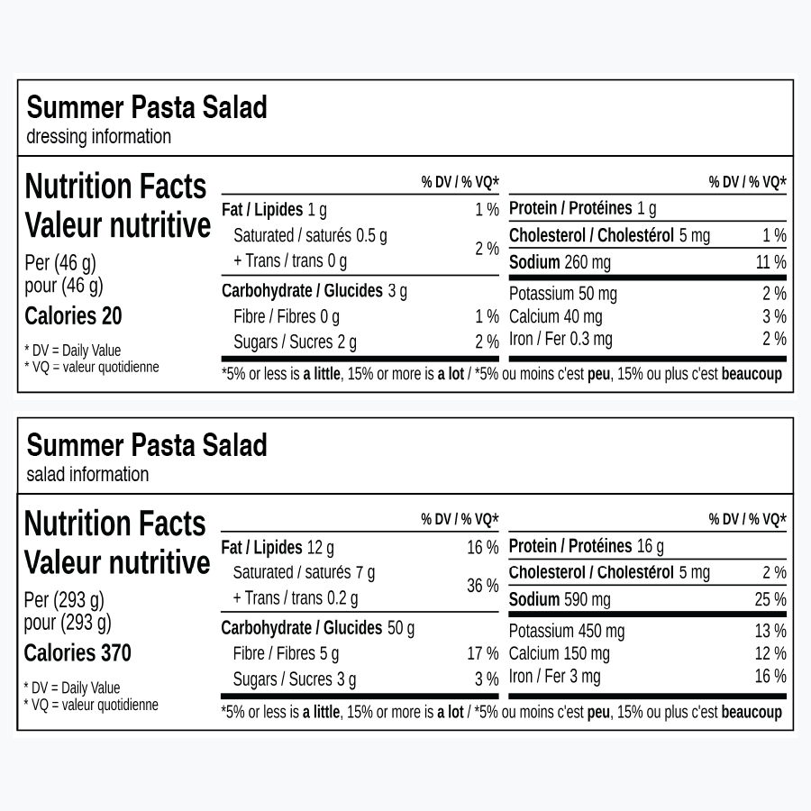 Nutrition facts for Summer Pasta Salad, including calories and nutrient values.