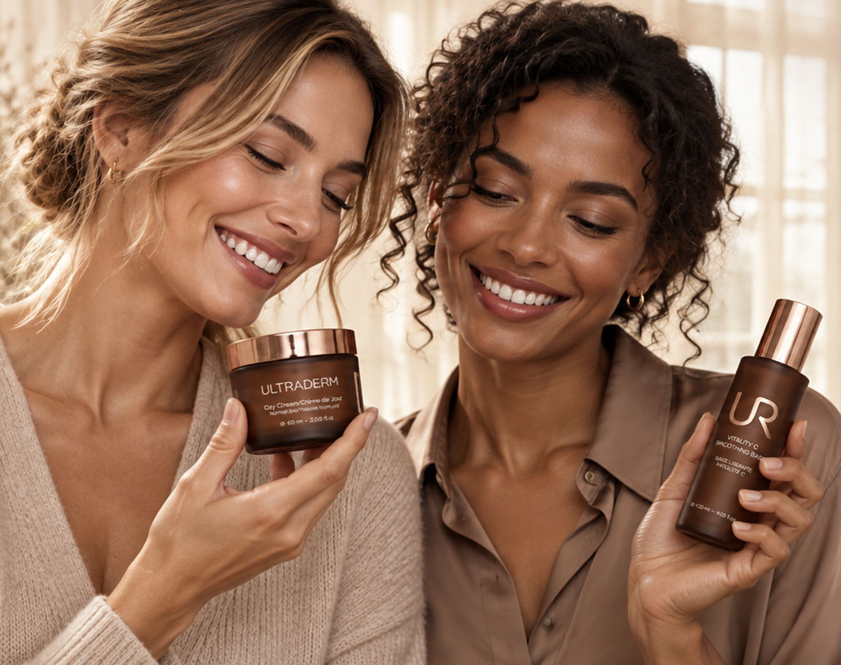 Two smiling women holding URBAN RETREAT skincare products in a bright, cozy setting.