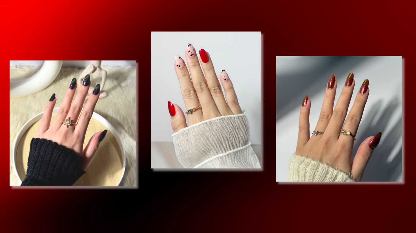 Witchy nail art for Thorn cosplay using EyeCandys Meow Me Back, Petite Cherry, and Apple Pie gel nail stickers