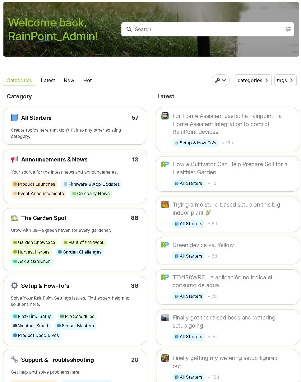 Welcome back screen for RainPoint_Admin with various categories and announcements.
