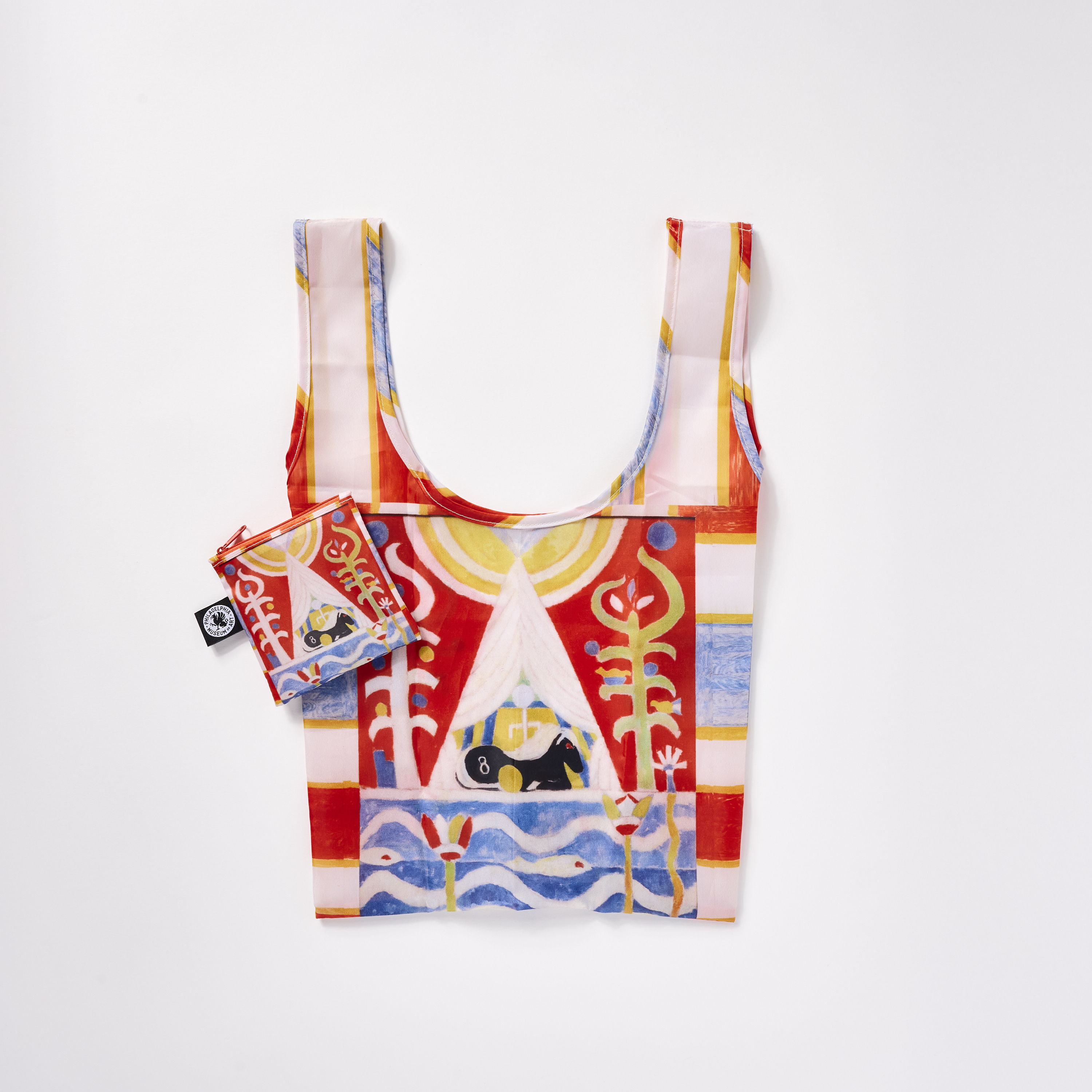Colorful mini tote with artistic design and matching pouch.