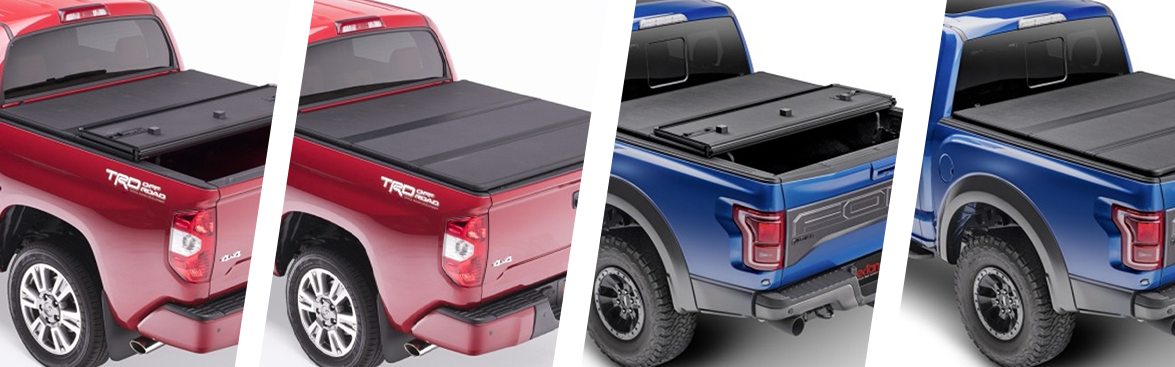 Photo collage of folding tonneau covers.