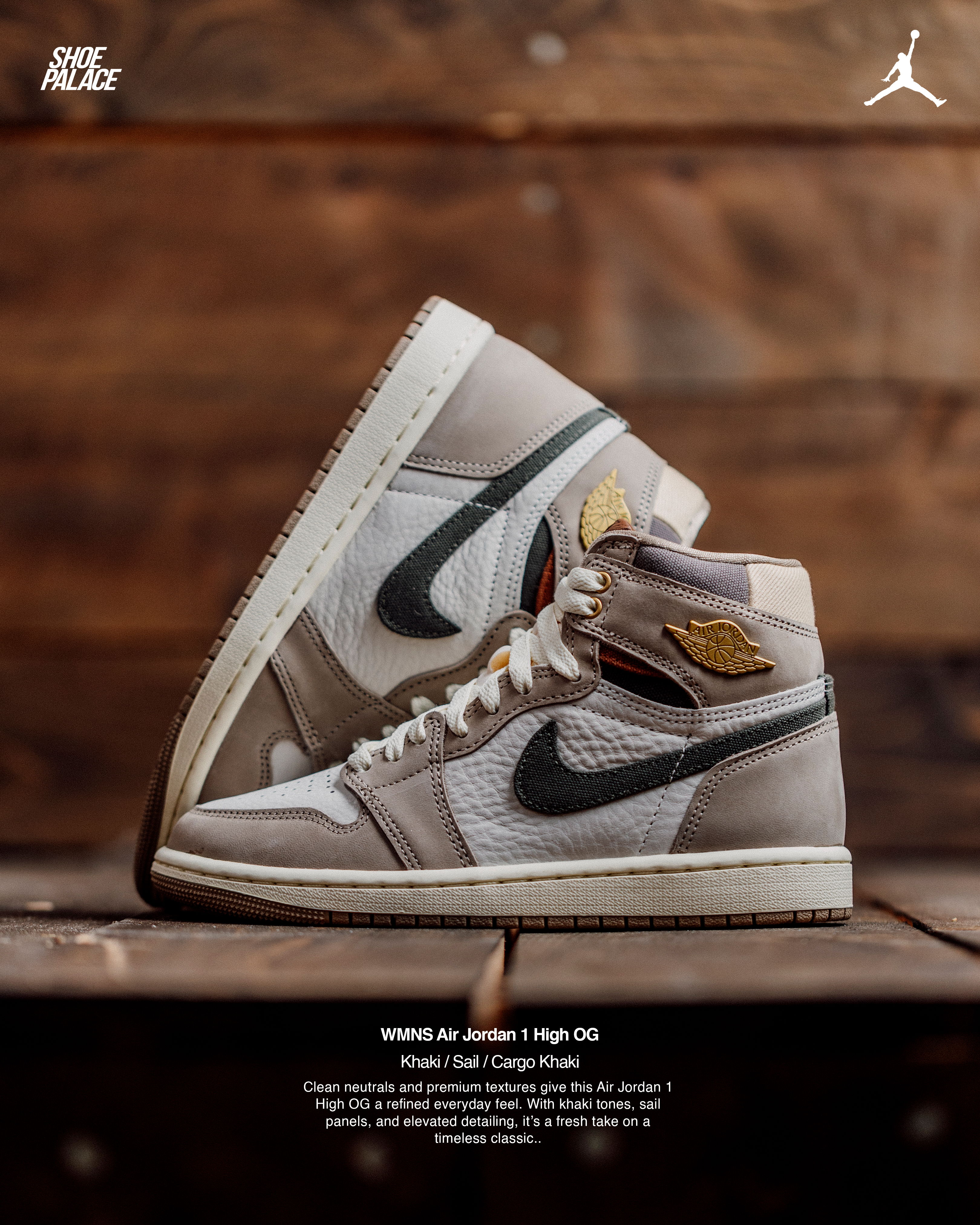 Air Jordan 1 Retro High OG sneakers displayed on a wooden surface.