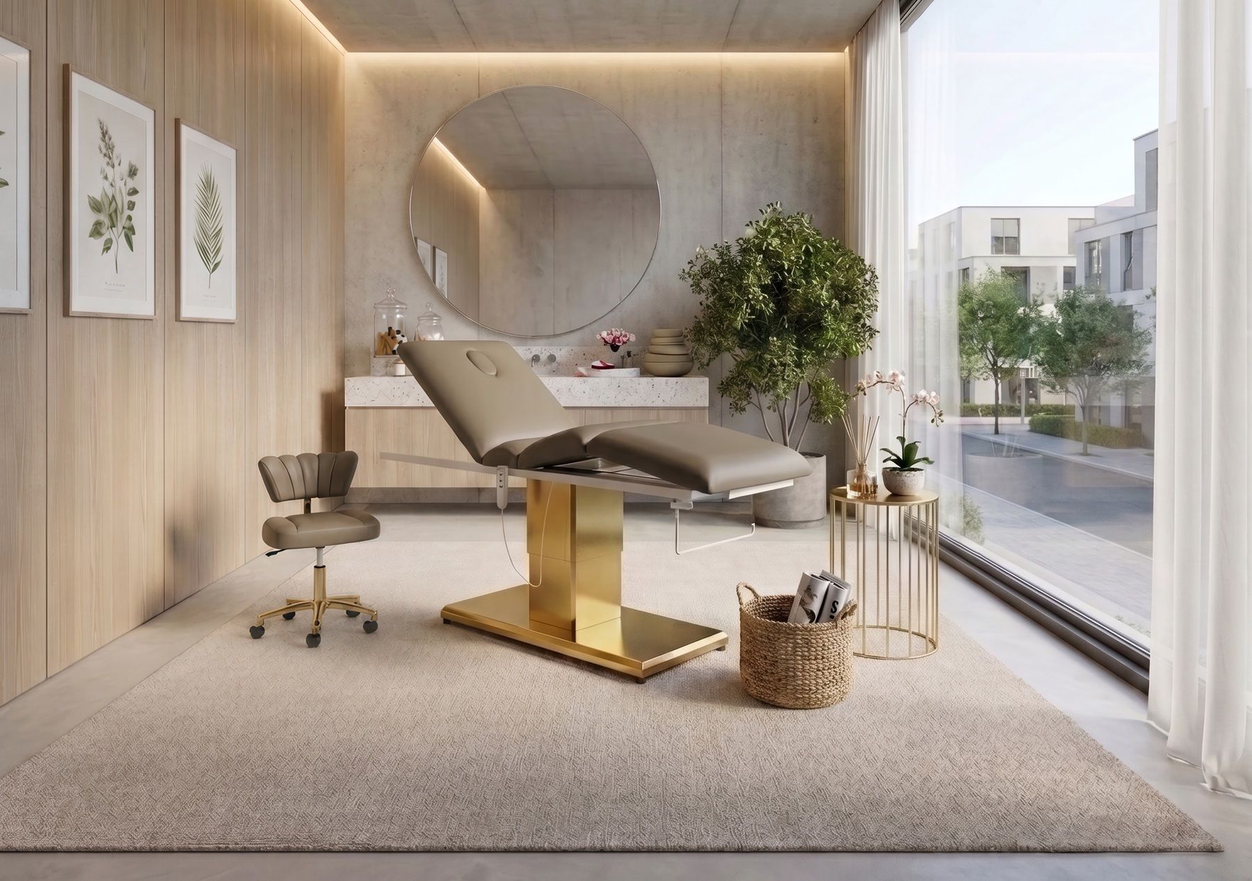 A modern spa interior with a treatment chair and large windows.