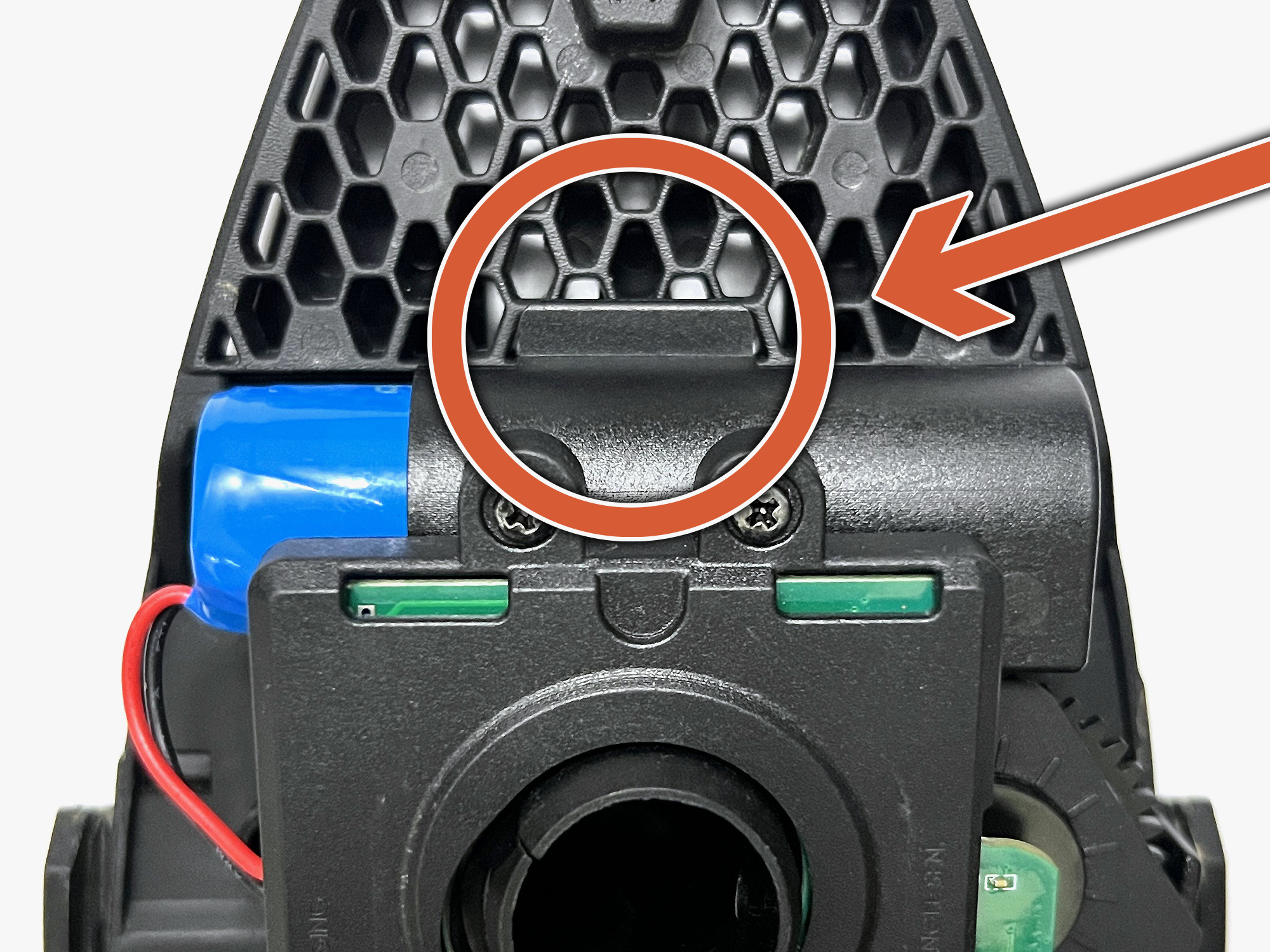 Close-up of DRV with highlighted button and wiring.