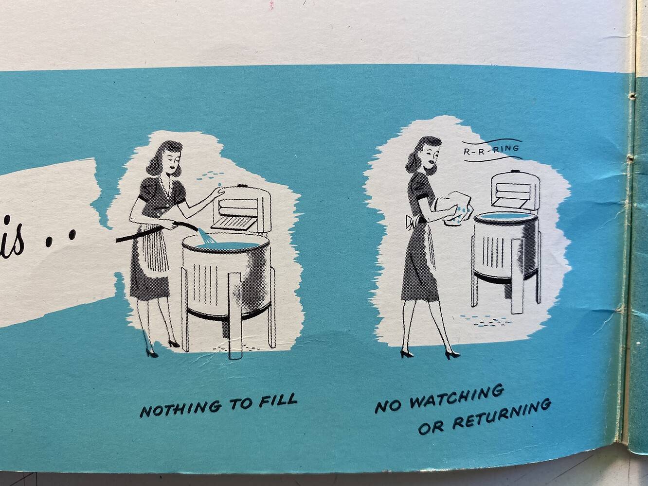 Spot illustrations from a Mid-Century washing machine brochure. Features two images of the same woman filling up the basin of the washing machine and preparing clothing to put in it. She is wearing a short sleeved dress and apron. The illustrations are black and white with blue accents for the water.