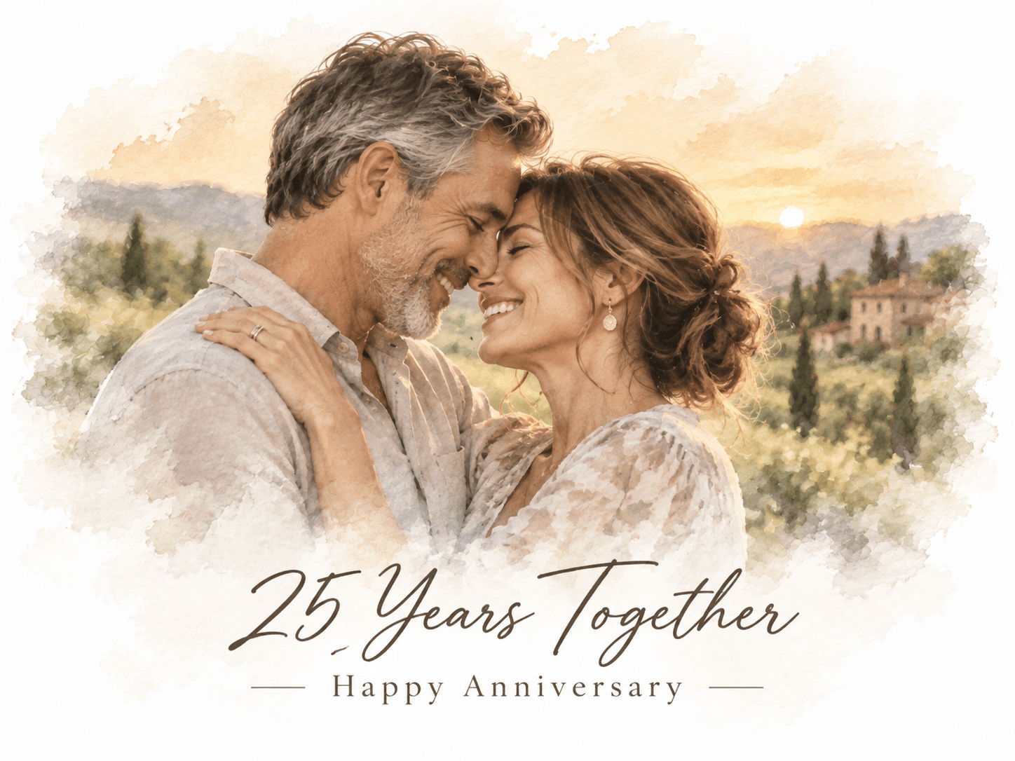 Couple celebrating 25 years together with a heartfelt anniversary message.