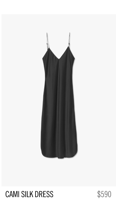Black cami silk dress with adjustable straps, priced at $590.