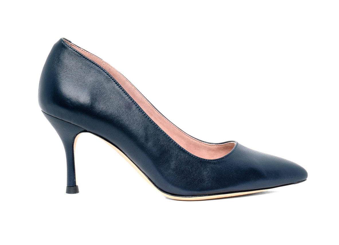 A black high-heeled shoe with a pointed toe.