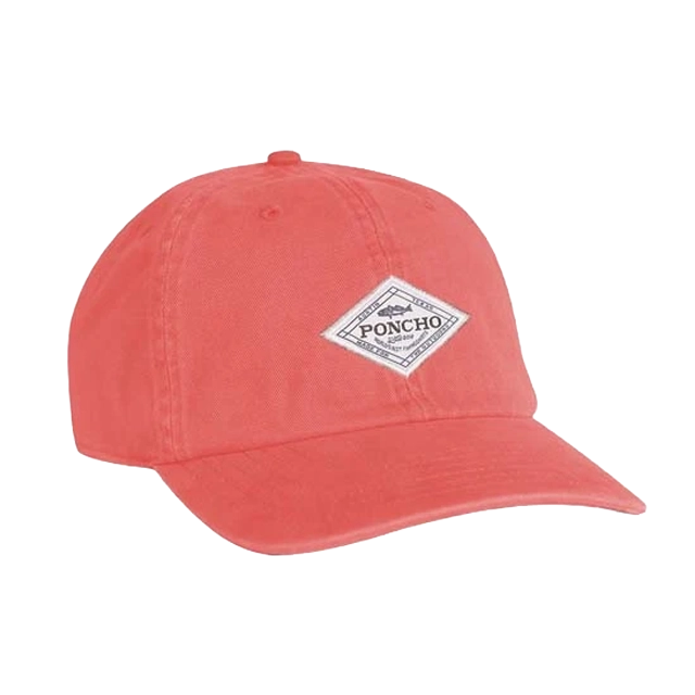 A coral baseball cap with a diamond-shaped logo patch.