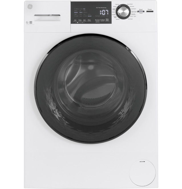 Front-loading washing machine with digital display and control panel.