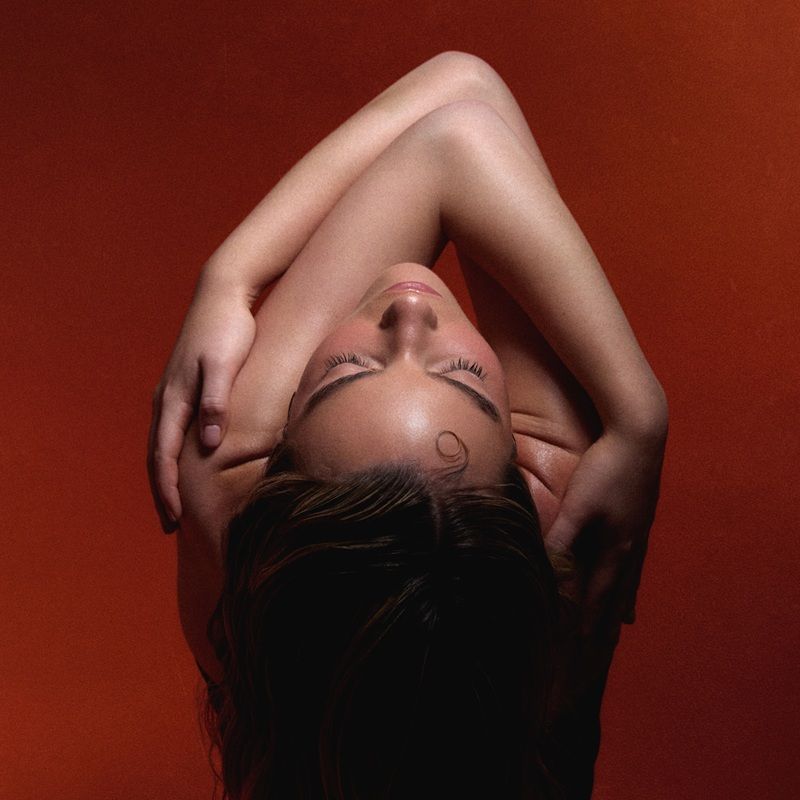A person with long hair posing against an orange background.