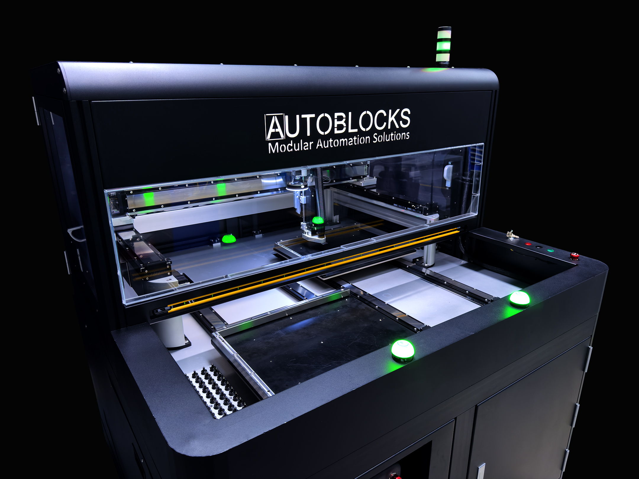 Precision PCB cutting process performed by the AutoBlocks AB-R2 automated PCB router. PCB Depaneling with Twin Tables