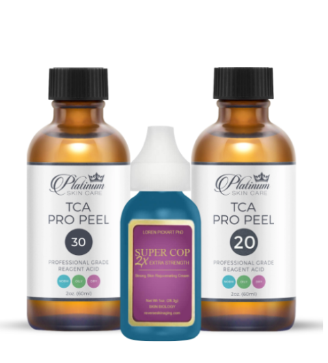 Three bottles of skincare products, including TCA Pro Peel and Super Coop.