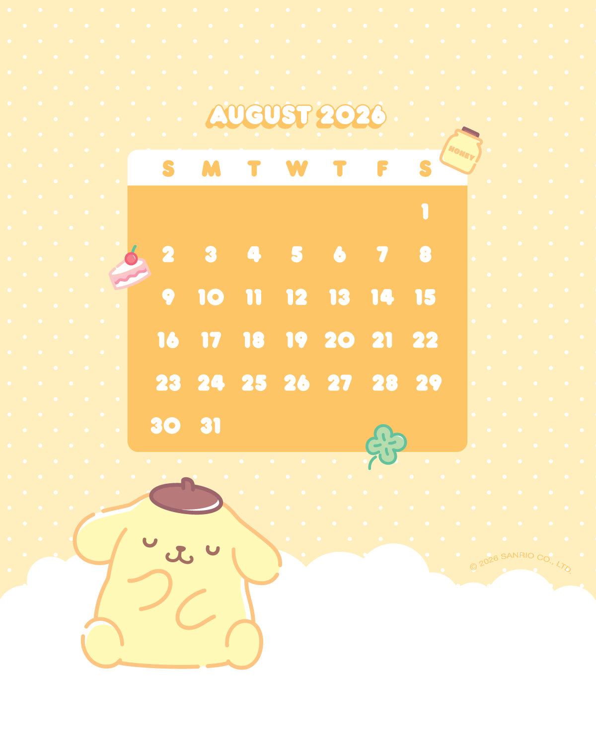 Cute calendar for August 2026 with a cartoon dog and desserts.