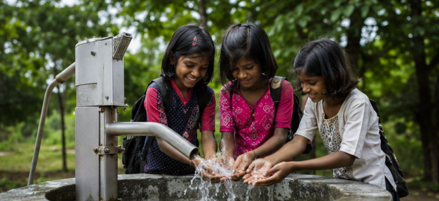 Three girls play with water at a hand pump in a green environment.