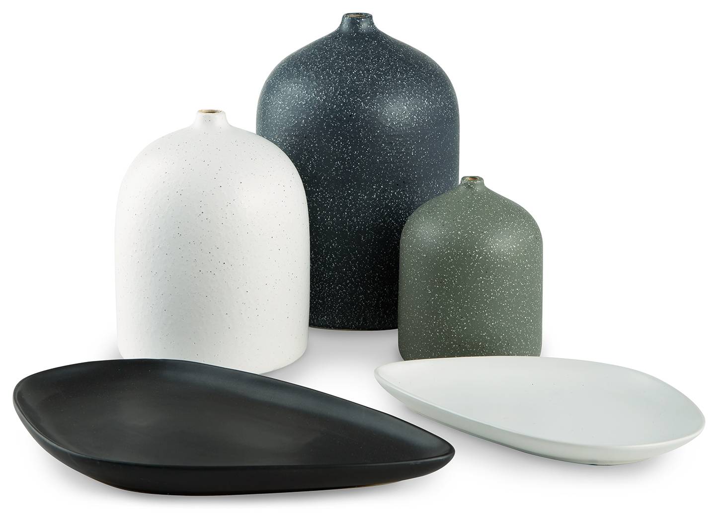 A collection of neutral colour vases and dishes.