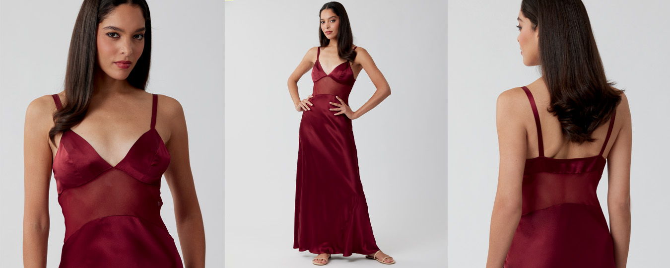 Model wearing a burgundy satin dress from multiple angles.