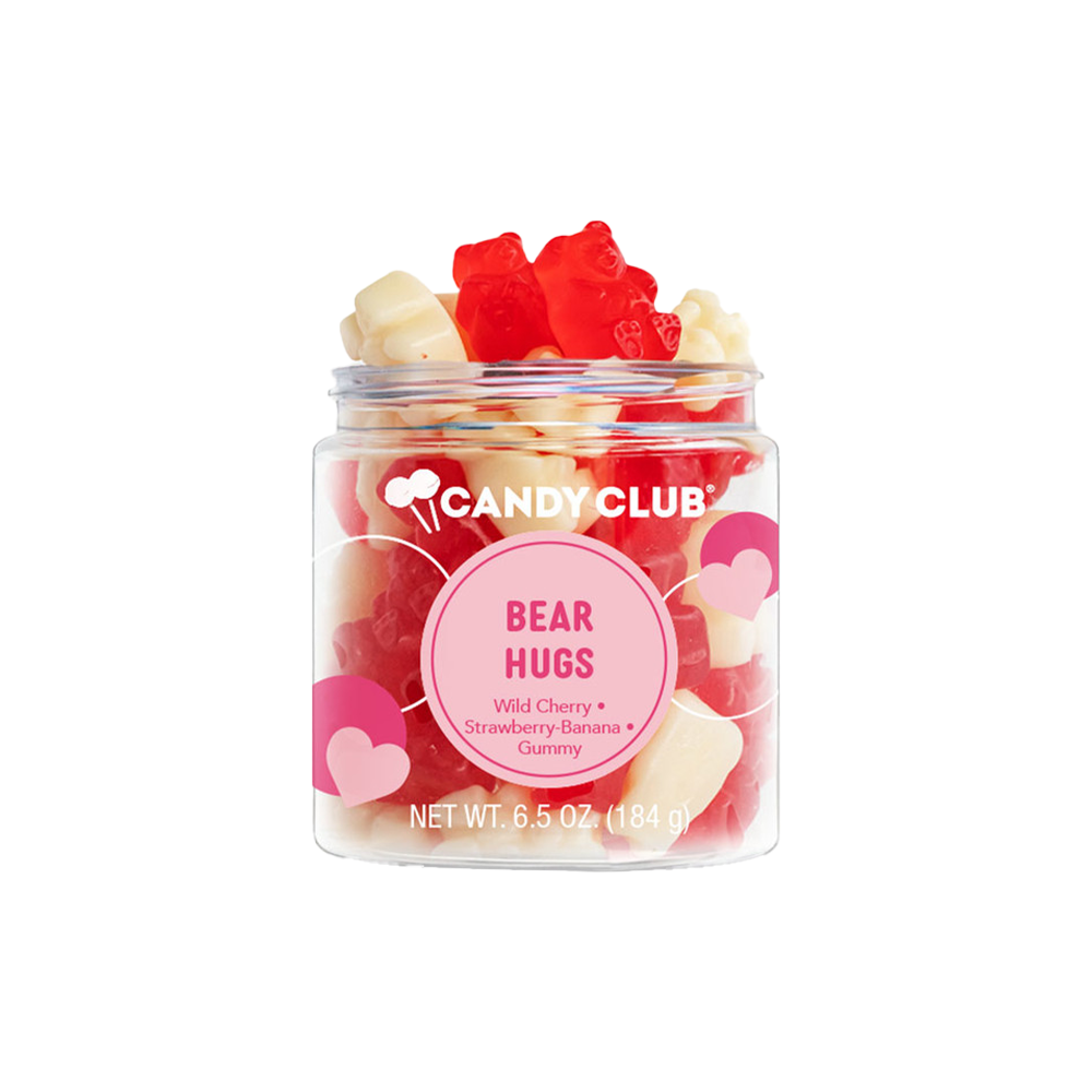 Red and White gummy bears overflowing plastic container