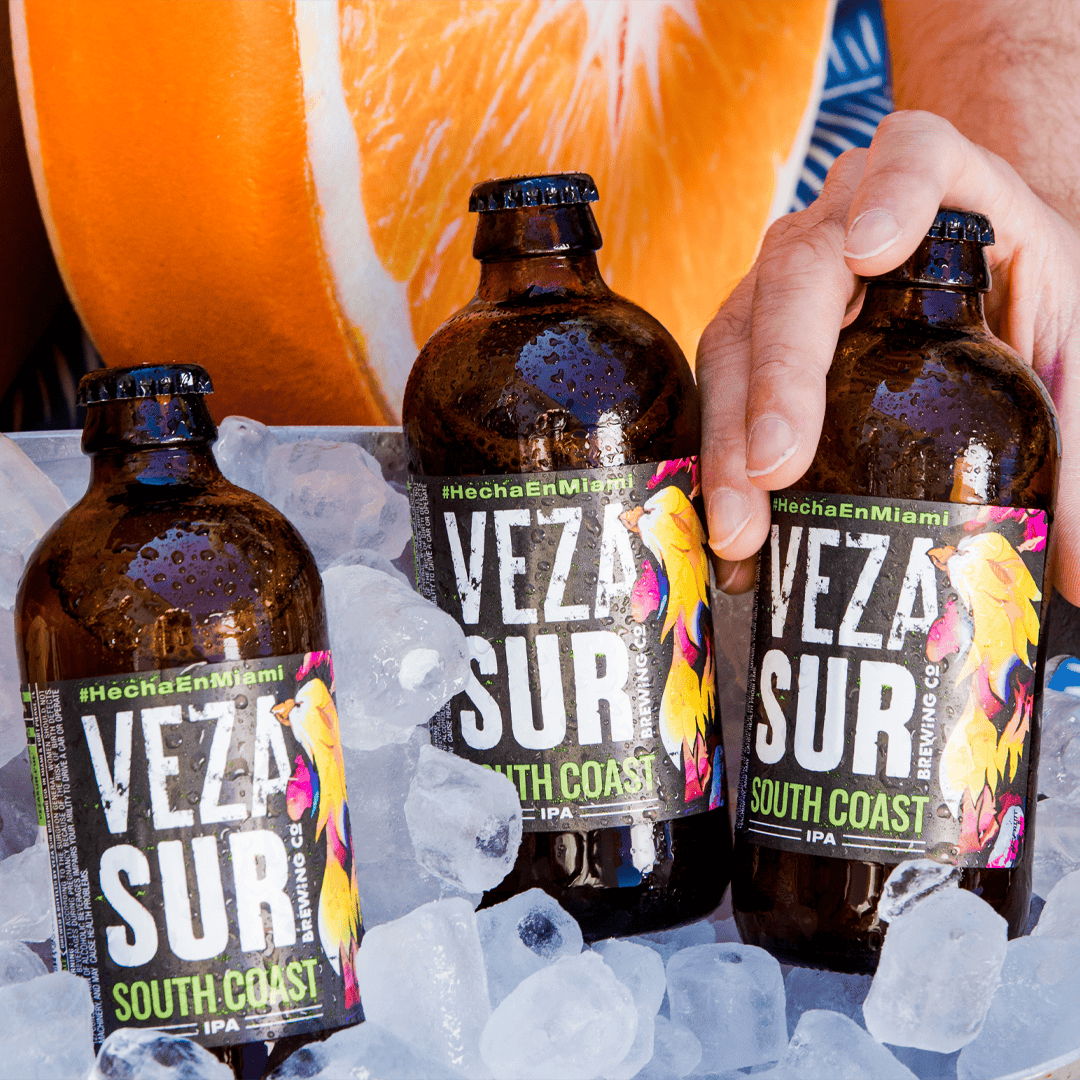 Three bottles of Veza Sur beer on ice, with an orange in the background.