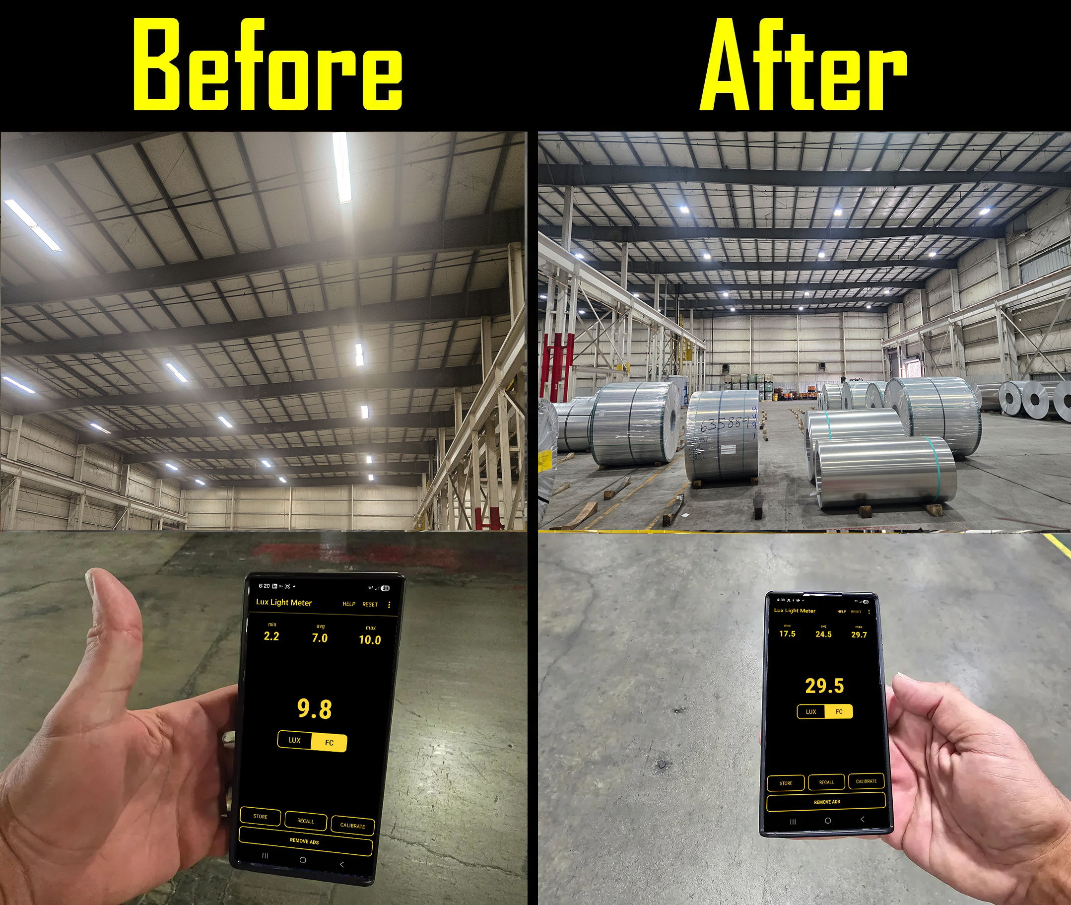 Comparison of warehouse lighting before and after improvements.