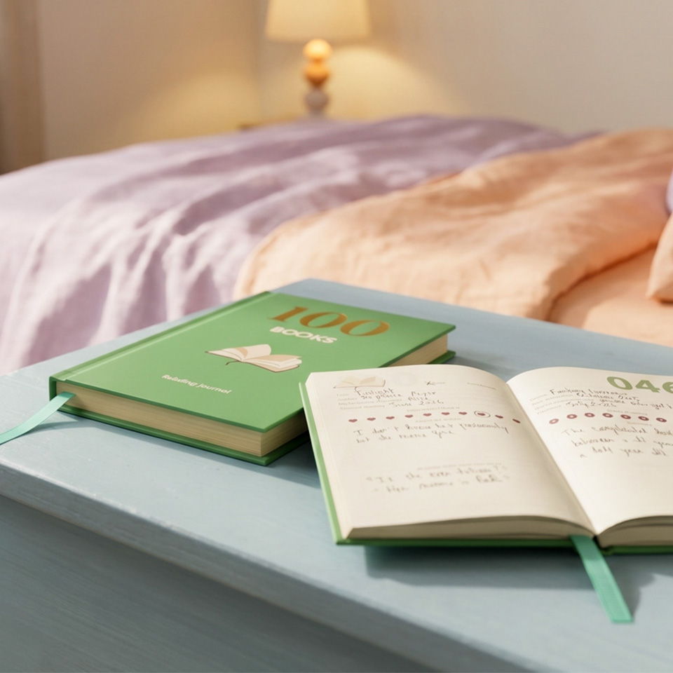 Two books on a bedside table with a cozy bedroom background.