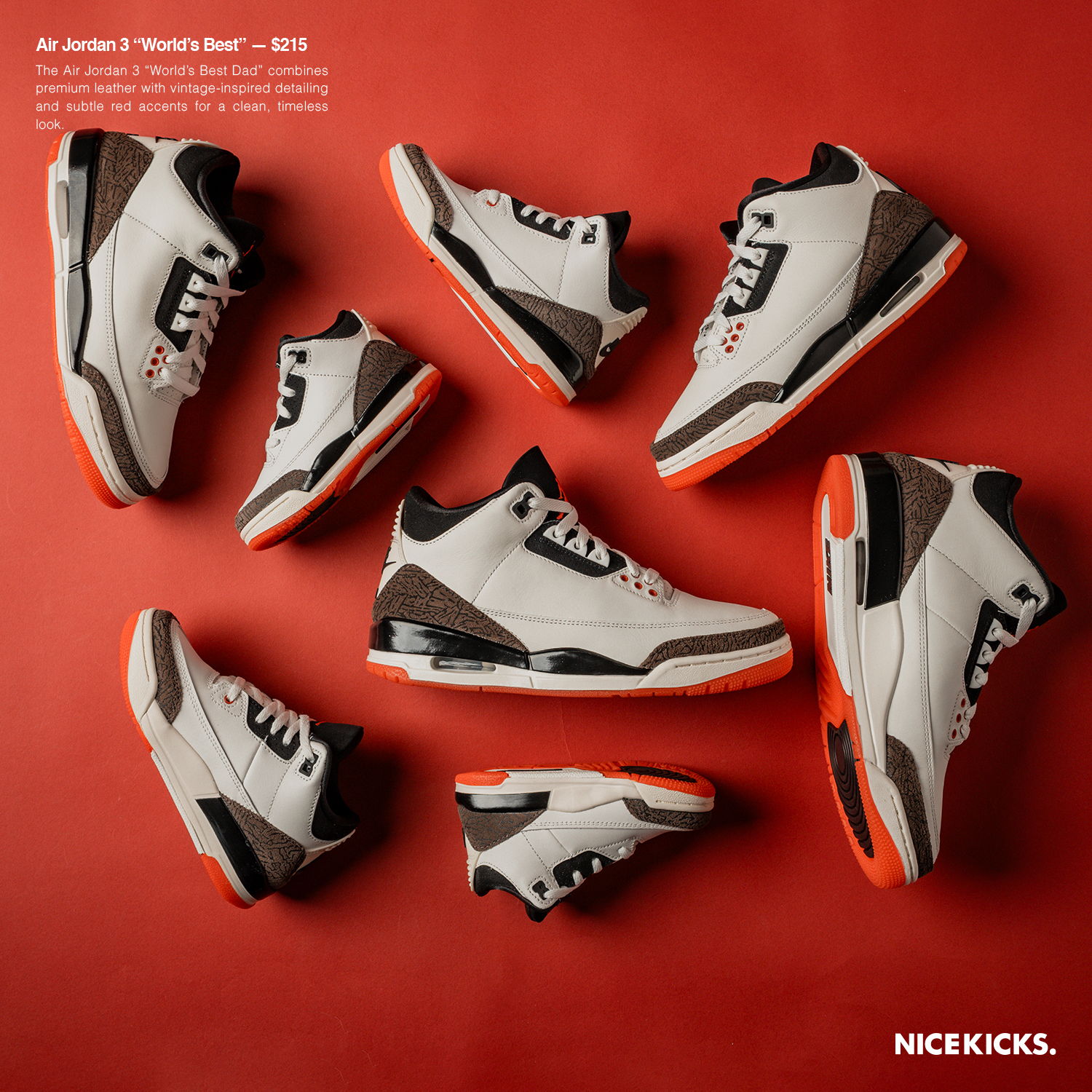 Various sizes of Air Jordan sneakers on a red background.
