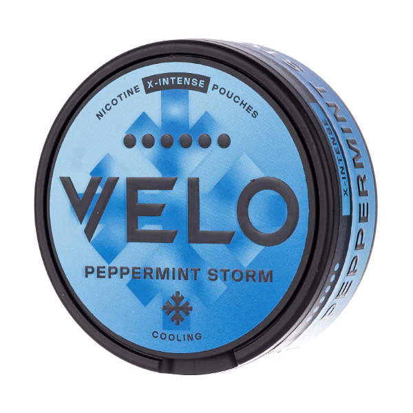 A picture of a tub of Velo Peppermint Storm nicotine pouches 