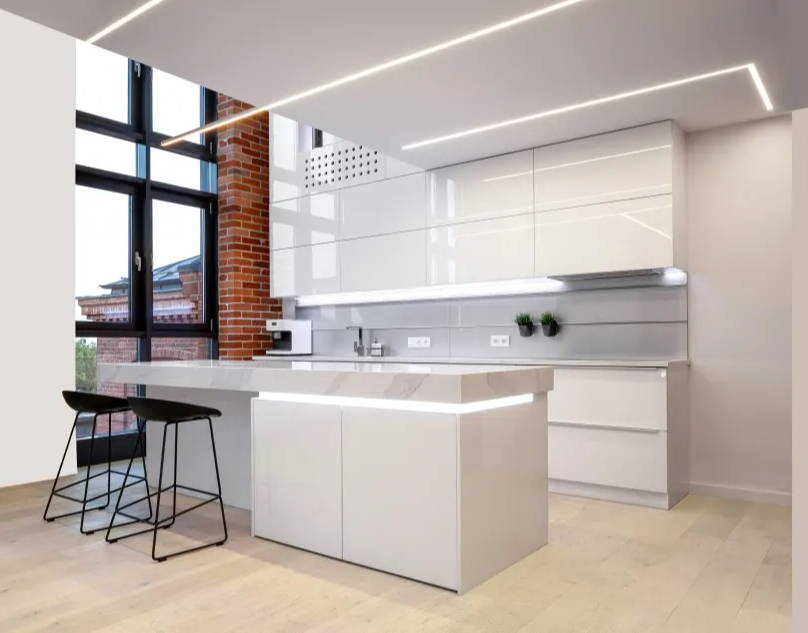 Modern minimalist kitchen with recessed lighting using LED Strip Lights
