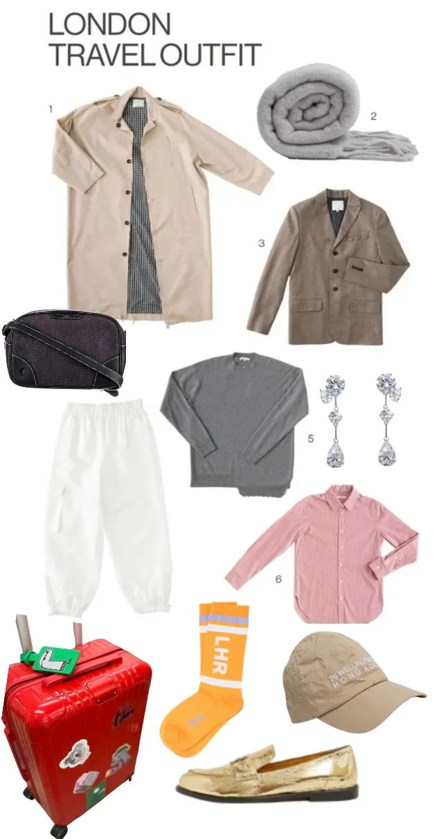 Travel outfit items for London, including clothes, accessories, and a suitcase.