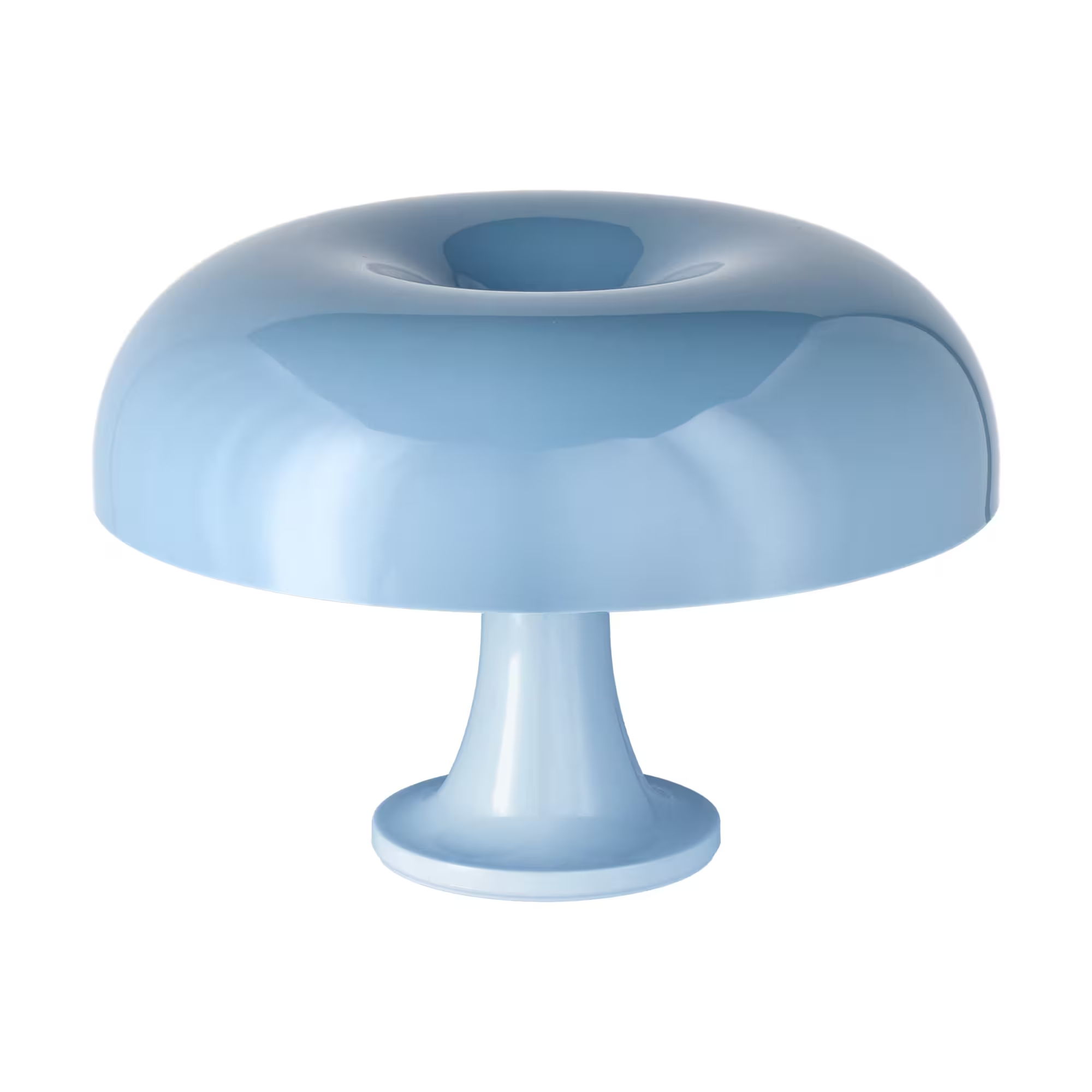 A blue mushroom-shaped lamp with a round shade and a pedestal base.