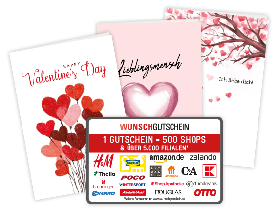 Valentine's Day cards and a gift card from various retailers.