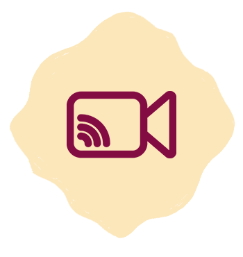 Video camera icon with wireless signal inside a decorative shape.