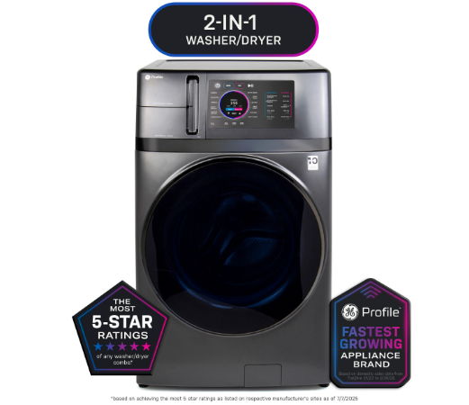 2-in-1 washer/dryer with 5-star ratings and features highlighted.