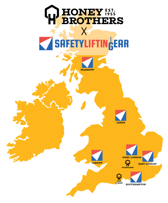 Map of the UK featuring Honey Brothers and SafetyLiftinGear locations.