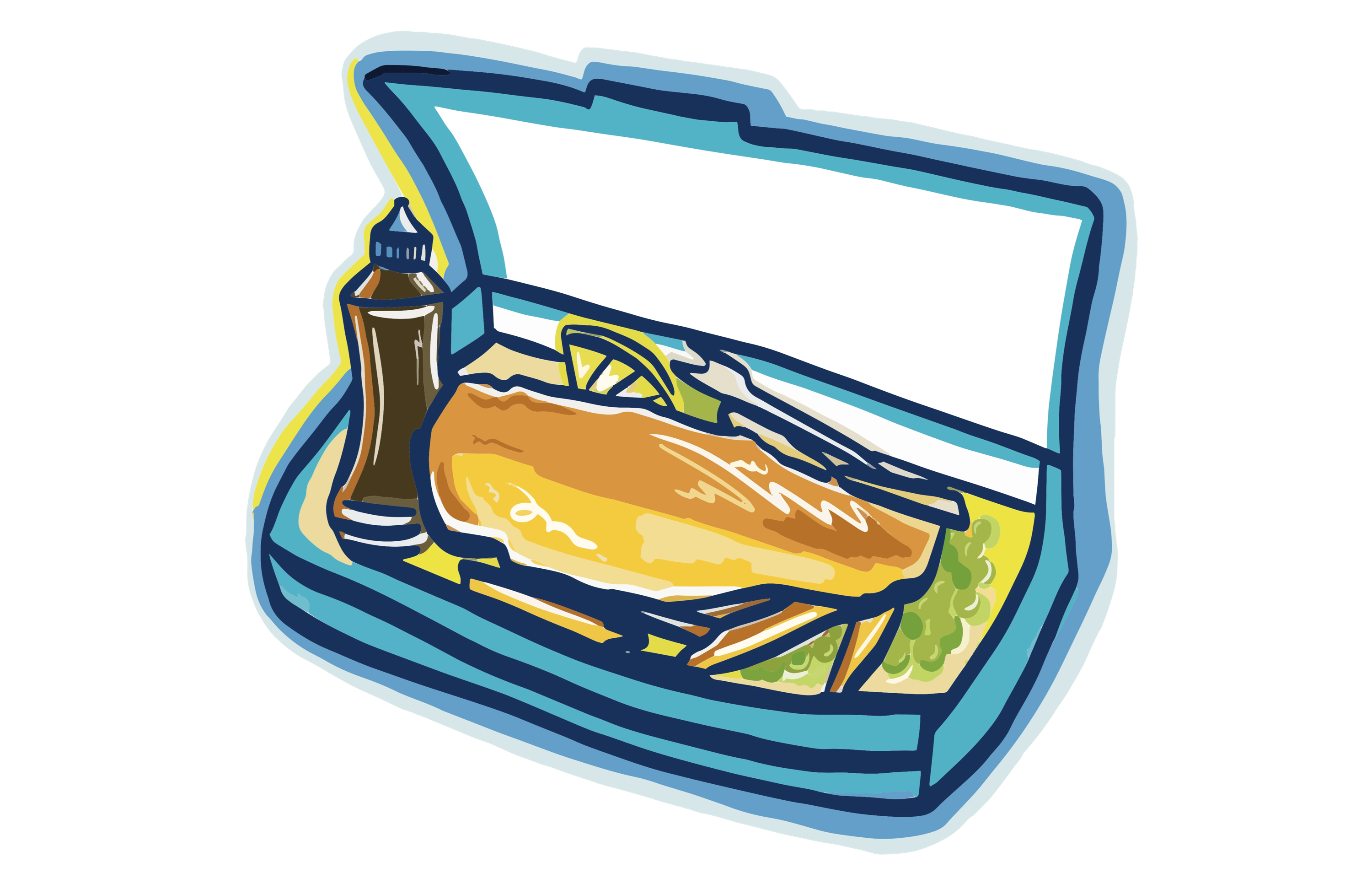 A lunchbox containing a sandwich, bottle, and utensils.