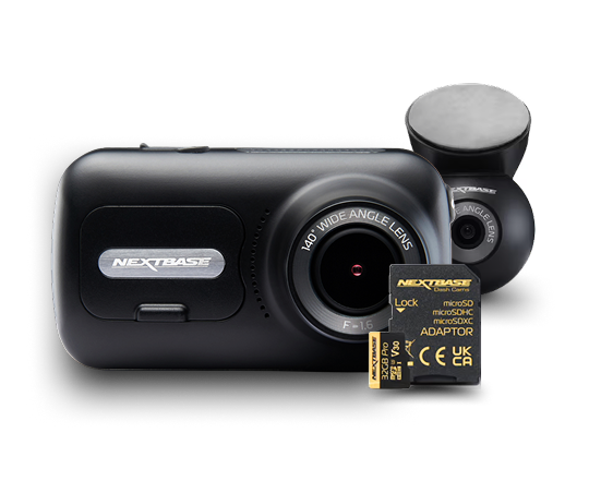 Black dashcam with a memory card, showcasing a sleek design.