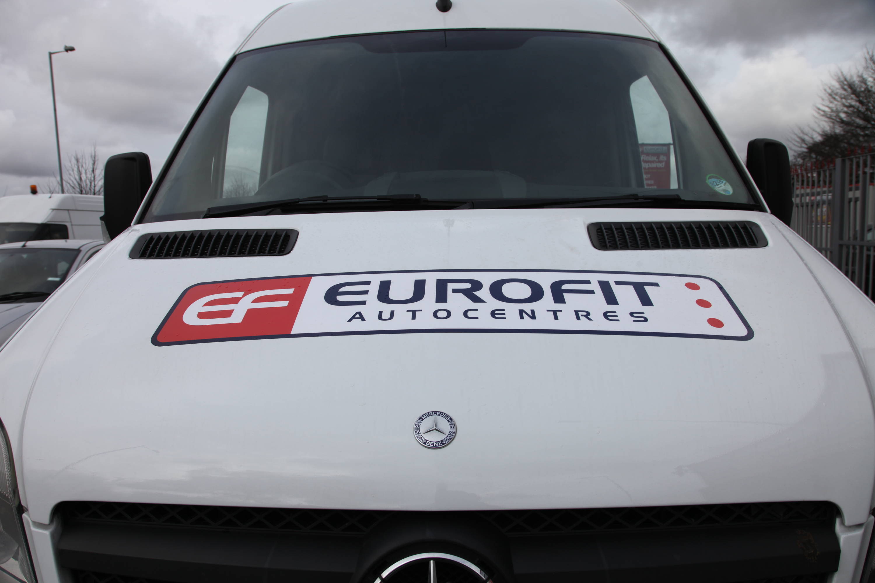 Front of white van with Eurofit Autocentres logo at Halesfield car garage