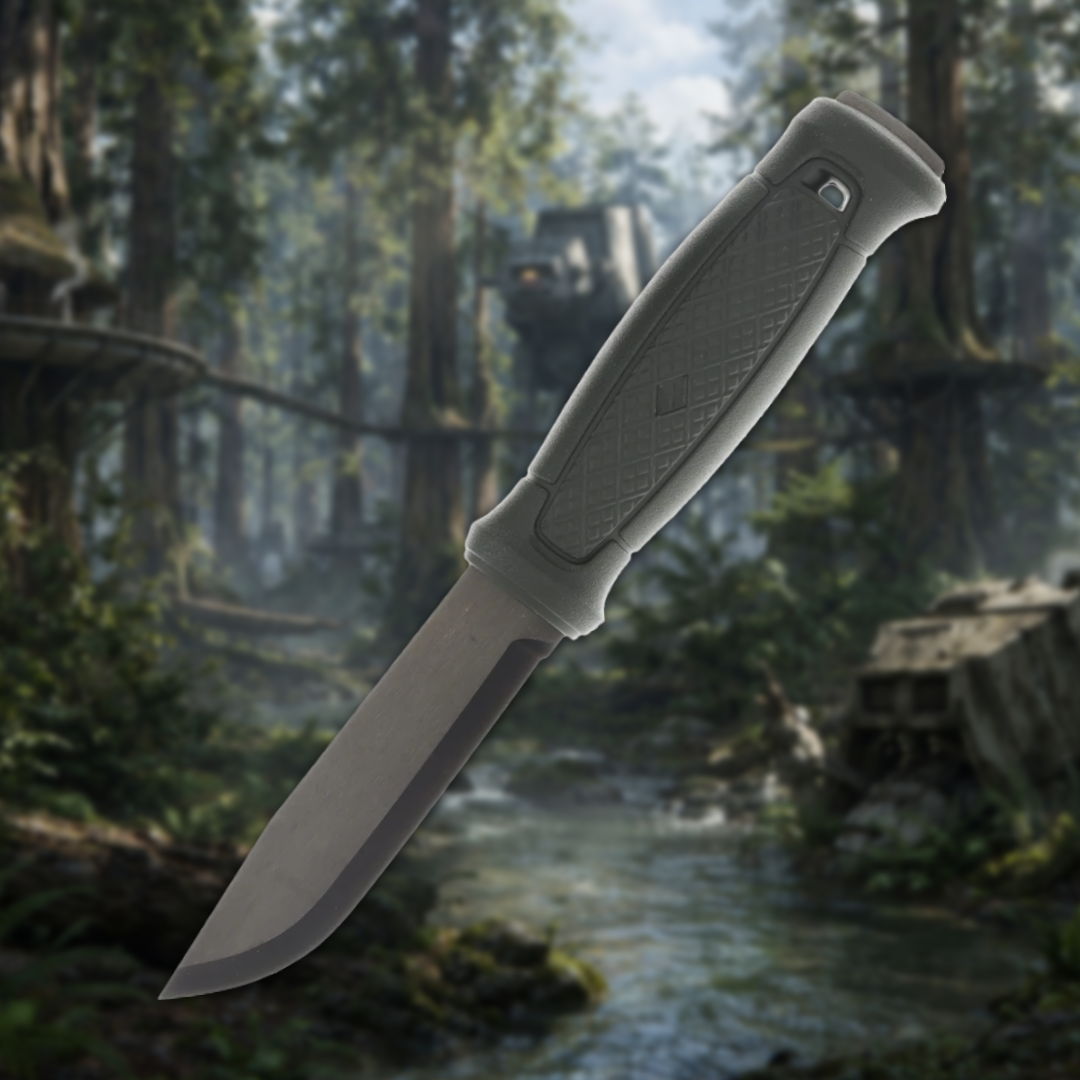 A knife with a gray handle in a forest background.