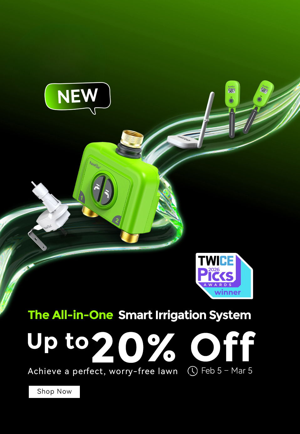 New smart irrigation system promotion with 20% off.