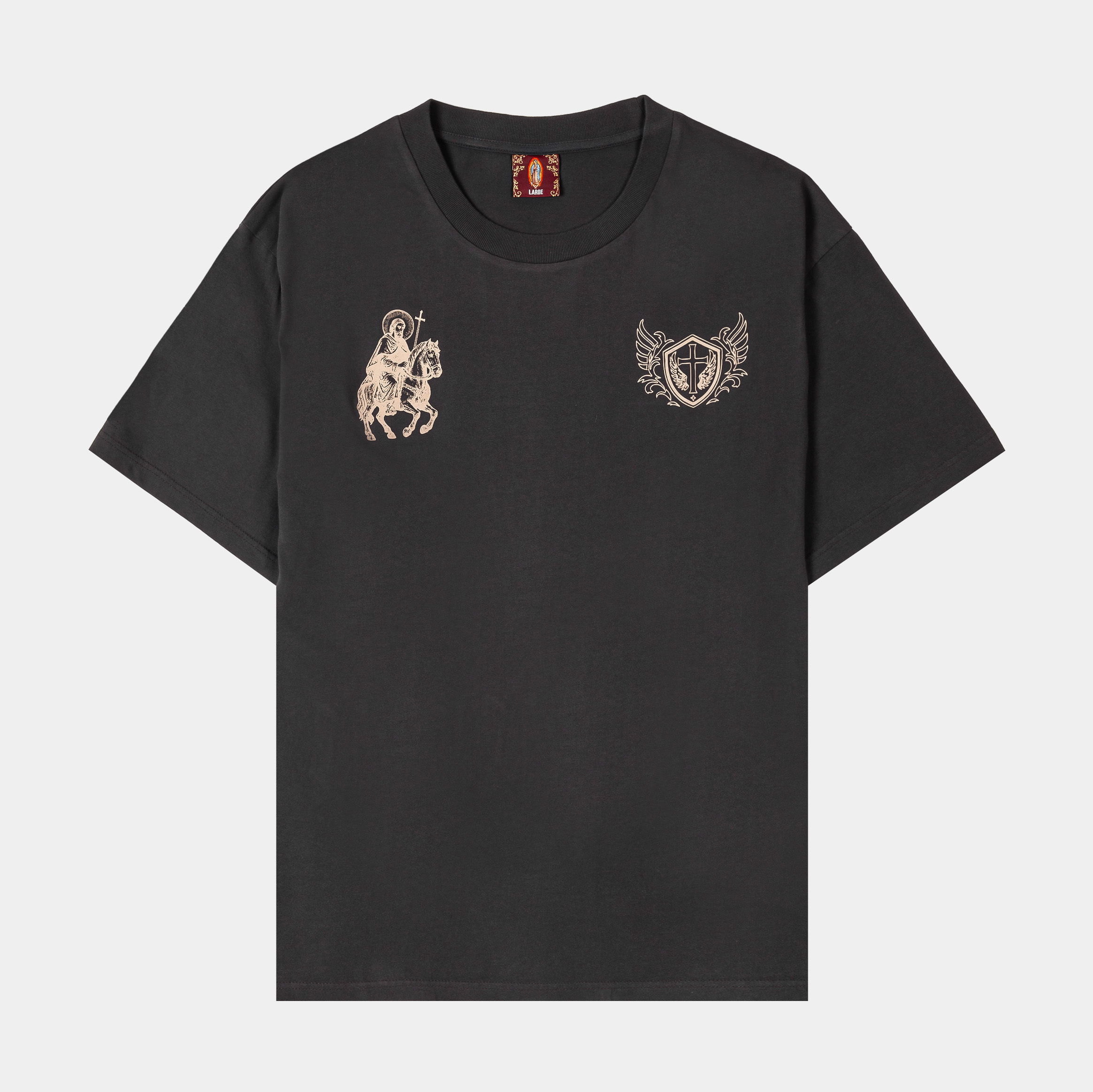 Black t-shirt with graphic designs on the front.