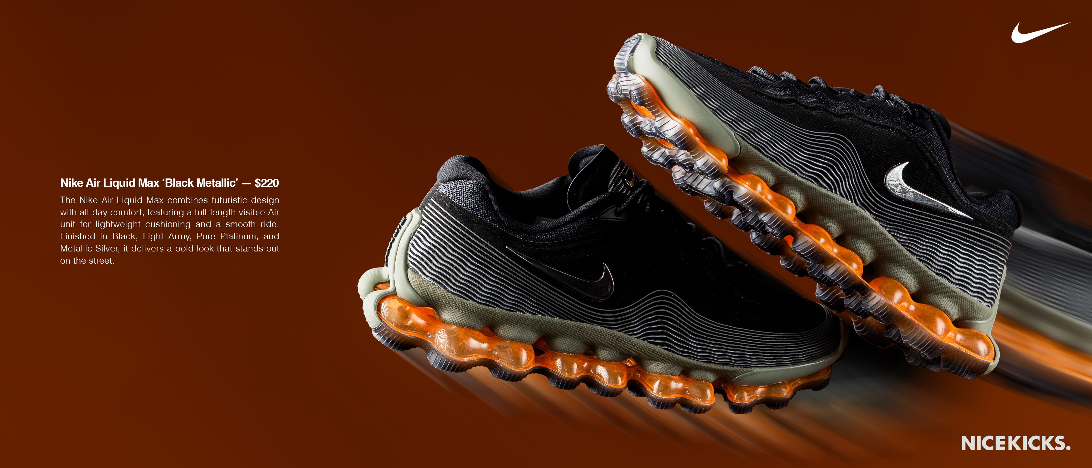 Black Nike shoes with orange accents on a dark background.