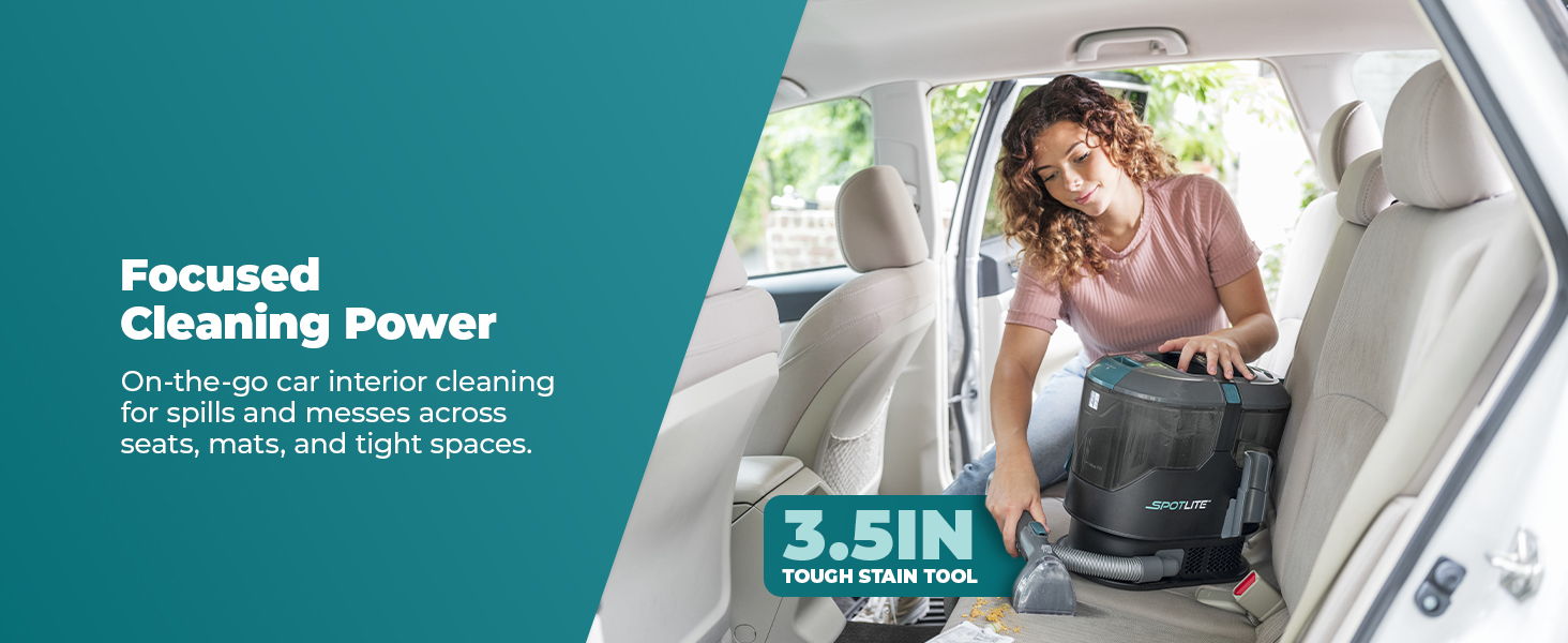 Woman vacuuming car interior with text about focused cleaning power.
