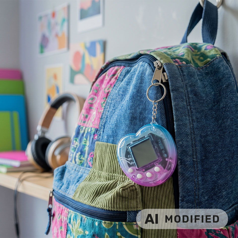 Sac à dos coloré avec un porte-clés et des écouteurs dans une pièce confortable.